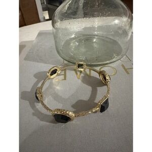 Hammered Gold Tone Bangle Bracelet with Faceted Black Stones Geometric Cabochon